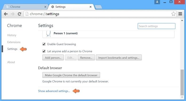 Resetting Google Chrome setting to default - accessing settings