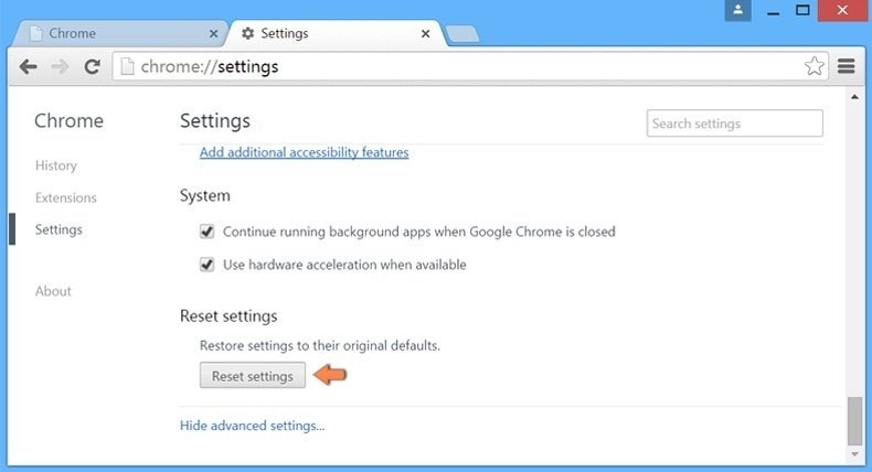 Resetting Google Chrome settings to default - advanced settings