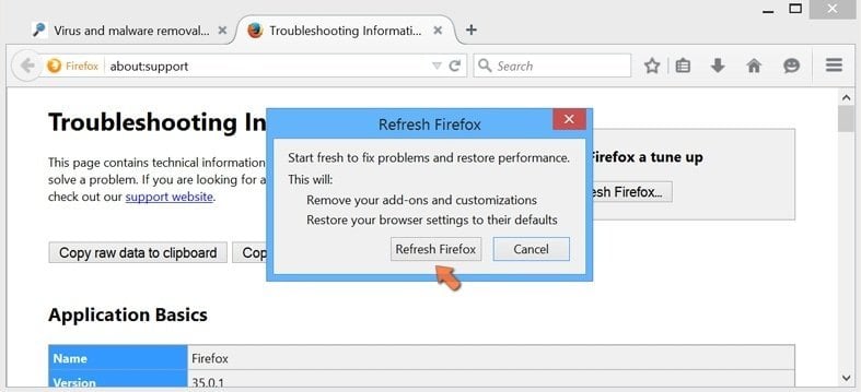 Resetting Mozilla Firefox settings to default - confirming settings reset by clicking the 