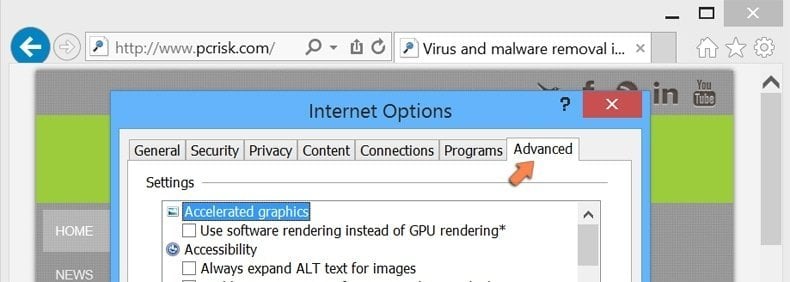 Resetting Internet Explorer settings to default on Windows 8 - Internet options advanced tab