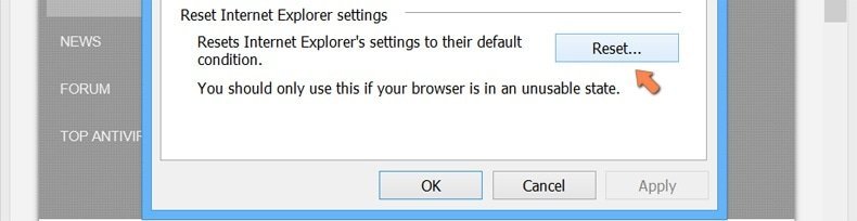 Resetting Internet Explorer settings to default on Windows 8 - click the Reset button in the Internet options advanced tab