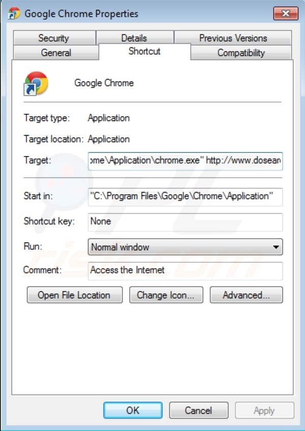 Dosearches Entfernung vom Google Chrome Verknüpfungsziel