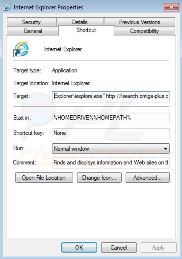 isearch Omiga plus Weiterleitungsvirusentfernung von Internet Explorer Verknüpfungszielen
