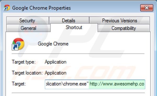 awesomehp.com von dem Google Chrome Verknüpfungsziel entfernen Schritt 2