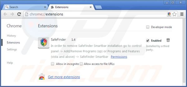 isearch.safefinder.net Google Chrome Erweiterungen entfernen