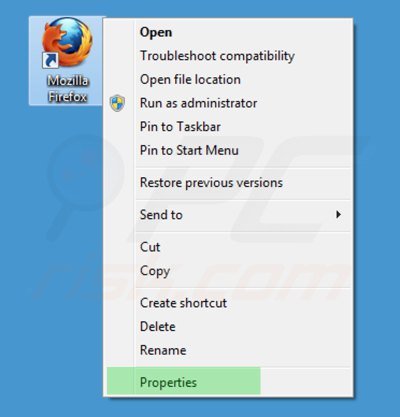 Removing start.qone8.com from Mozilla Firefox shortcut target step 1