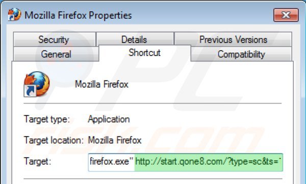 Removing start.qone8.com from Mozilla Firefox shortcut target step 2