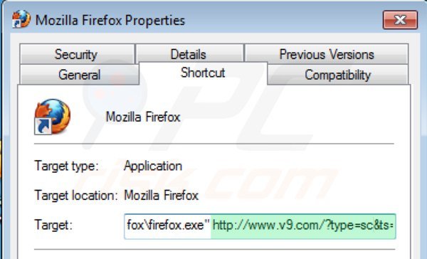 Removing v9.com from Mozilla Firefox shortcut target step 2