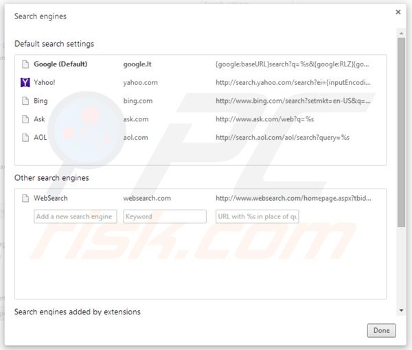 Removing websearch.com from Google Chrome default search engine