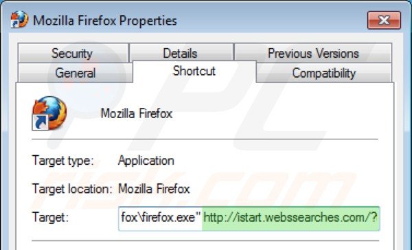 istart.webssearches.com von den Mozilla Firefox Verknüpfungszielen entfernen Schritt 2