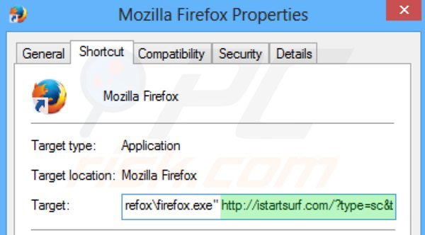 Removing istartsurf.com from Mozilla Firefox shortcut target step 2