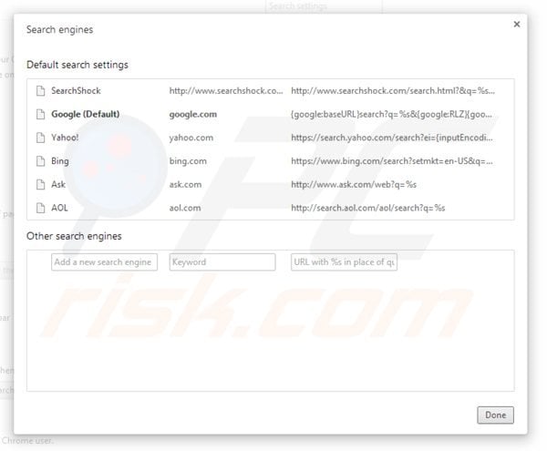Removing searchshock.com browser hijacker from Google Chrome default search engine