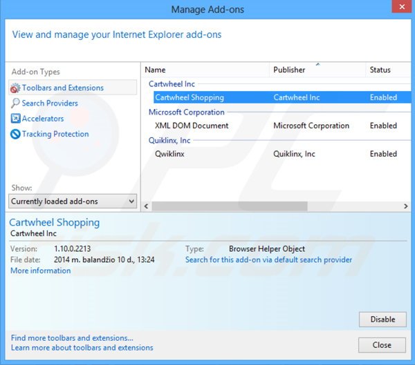 Removing Cartwheel Shopping ads from Internet Explorer step 2