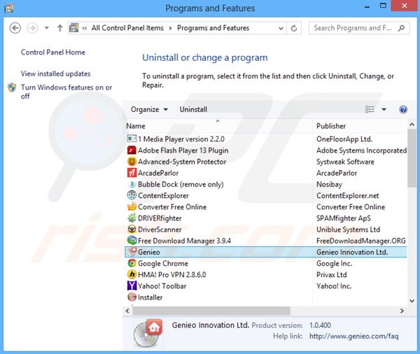 search.genieo.com browser hijacker uninstall via Control Panel