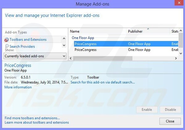Removing PriceCongress ads from Internet Explorer step 2