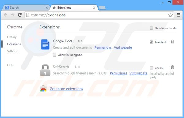 Removing safesear.ch related Google Chrome extensions