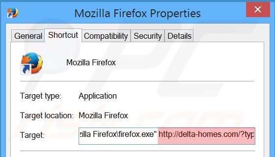 Removing delta-homes.com from Mozilla Firefox shortcut target step 2