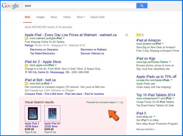 a sample of adware causing rogue ads in Google Internet search results