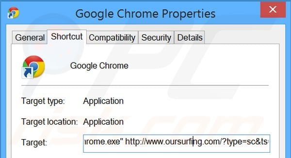 Removing oursurfing.com from Google Chrome shortcut target step 2