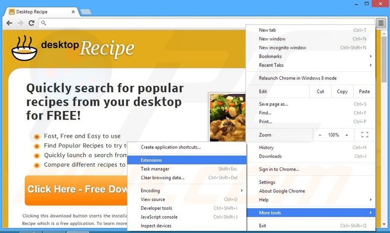 Removing Desktop Recipe ads from Google Chrome step 1