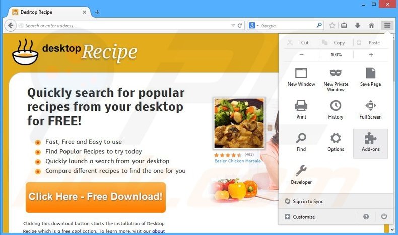 Removing Desktop Recipe ads from Mozilla Firefox step 1