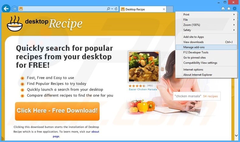 Removing Desktop Recipe ads from Internet Explorer step 1