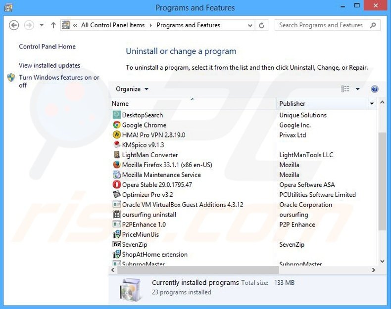 Desktop Recipe adware uninstall via Control Panel