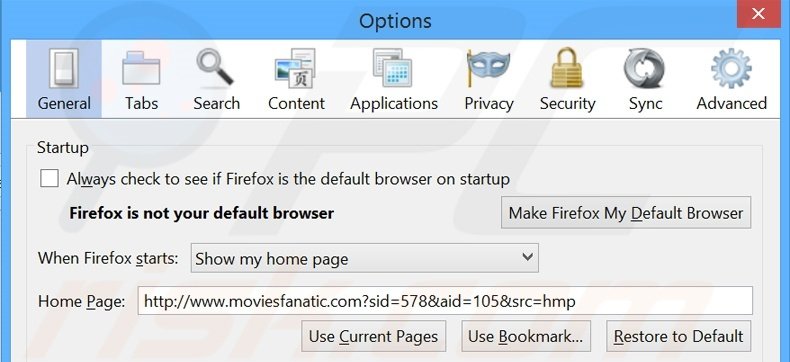 Removing moviesfanatic.com from Mozilla Firefox homepage