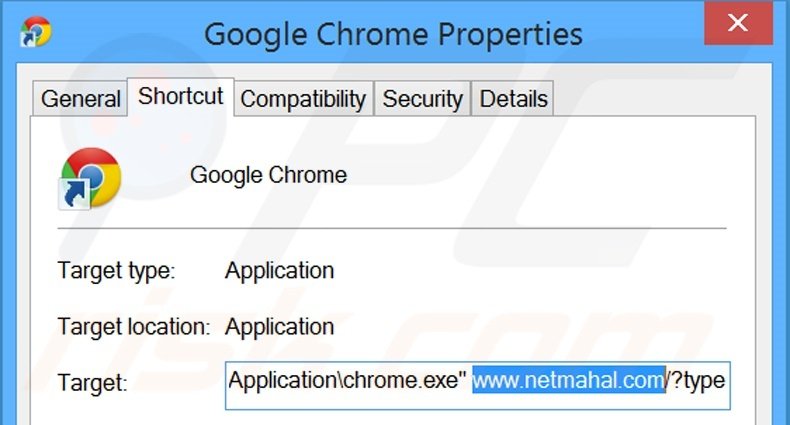Removing netmahal.com from Google Chrome shortcut target step 2