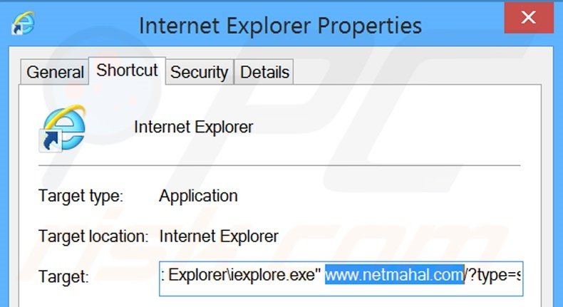 Removing netmahal.com from Internet Explorer shortcut target step 2