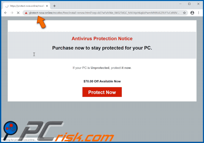 protect-now.online Webseite fördert das McAfee Antivirus-Programm
