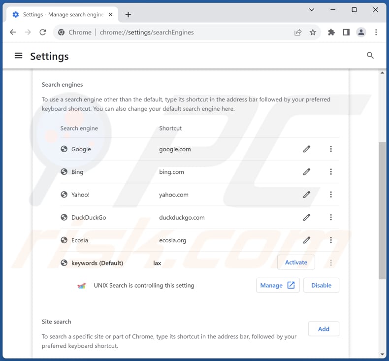unixsearch.com von der Google Chrome Standardsuchmaschine entfernen