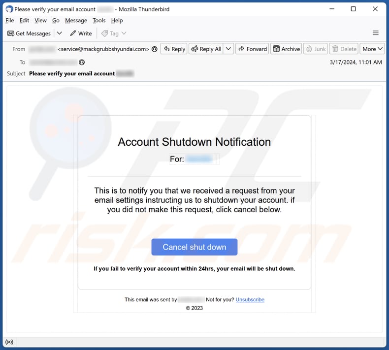 Account Shutdown Notification E-Mail Spam-Kampagne