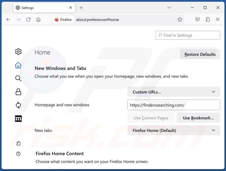 finderssearching.com von der Mozilla Firefox Startseite entfernen