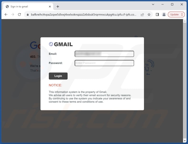 Agreement Update Betrugs-E-Mail beworben Phishing-Website