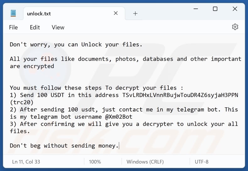 Xam ransomware Lösegeldforderung (unlock.txt)