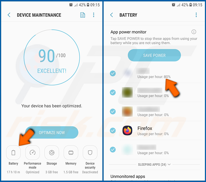 Checking the battery usage of various applications in the Android operating system (step 2)