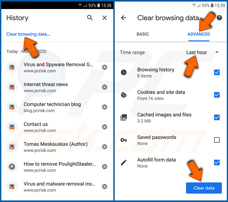 Löschen des Internetbrowserverlaufs aus Chrome im Android-Betriebssystem (Schritt 2)