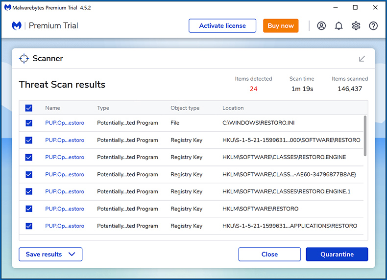 Malwarebytes Premium Scan-Ergebnisse