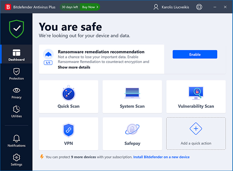 Bitdefender Antivirus Plus anfängliches Fenster