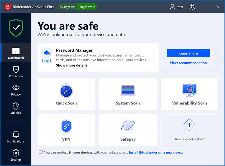 Bitdefender Antivirus Plus Dashboard