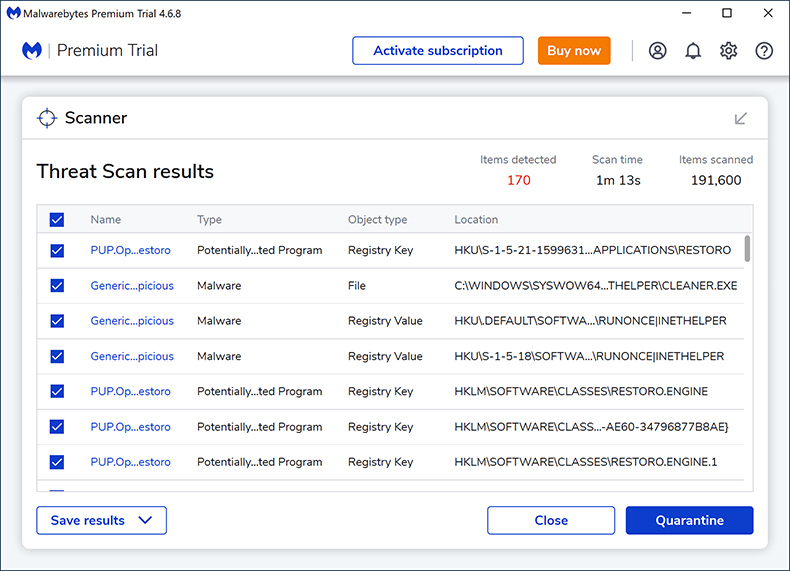 Malwarebytes Premium 2024 Scan-Ergebnisse