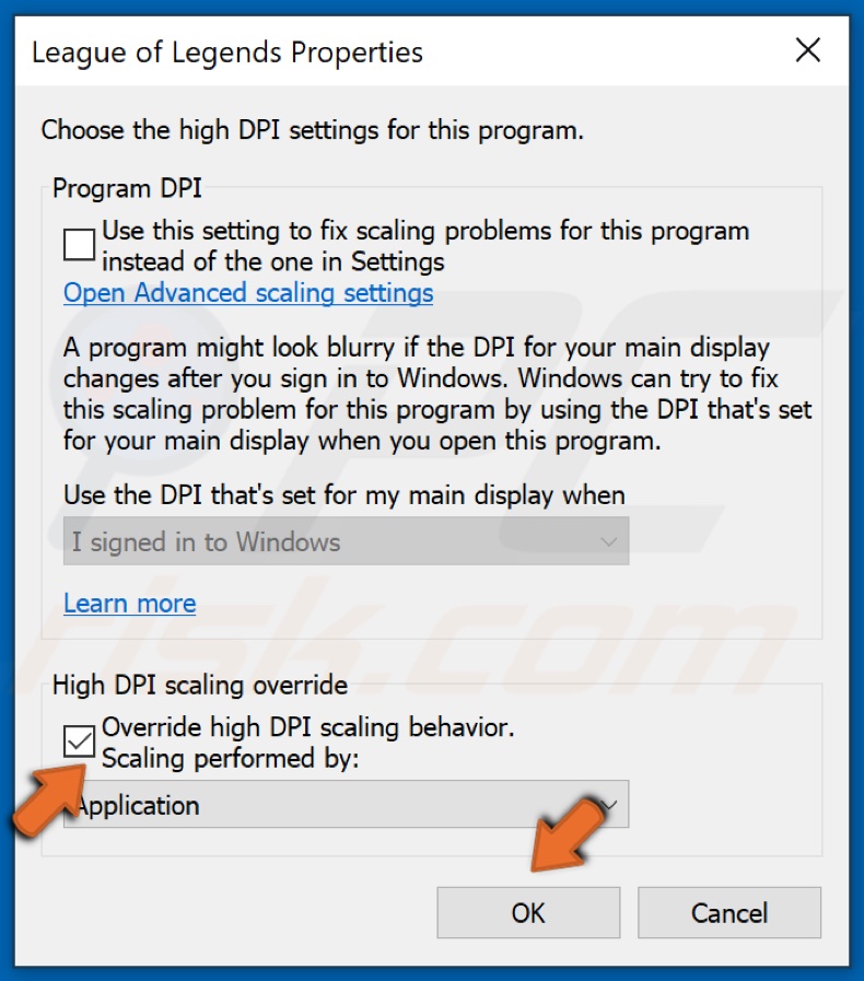Markieren Sie das Kontrollkästchen hohe DPI-Skalierung überschreiben und dann auf OK