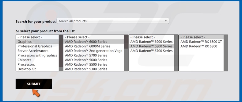 Wählen Sie Ihre AMD-Grafikkarte aus und klicken Sie auf Senden