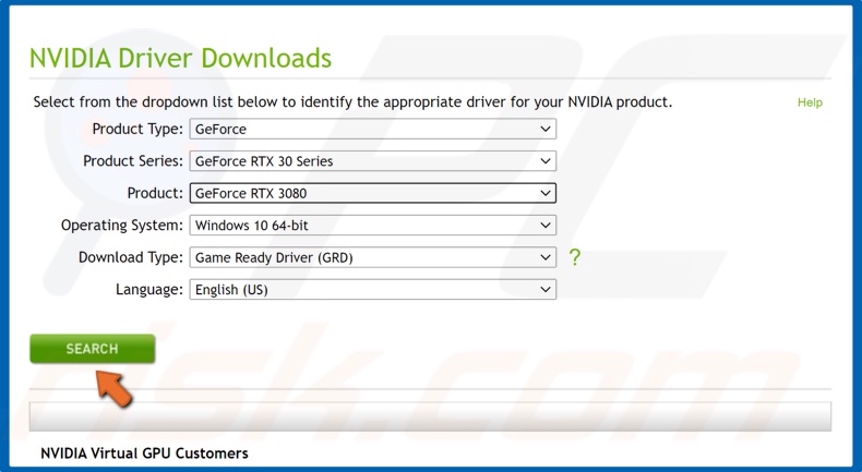 Wählen Sie Ihre Nvidia-Grafikkarte aus und klicken Sie auf Suchen