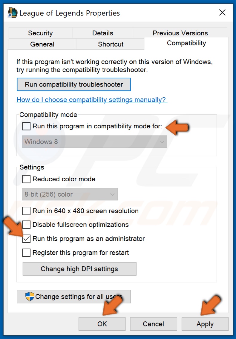 Deaktivieren Sie Dieses Programm im Kompatibilitäsmodus als Administrator ausführen und klicken Sie dann auf OK