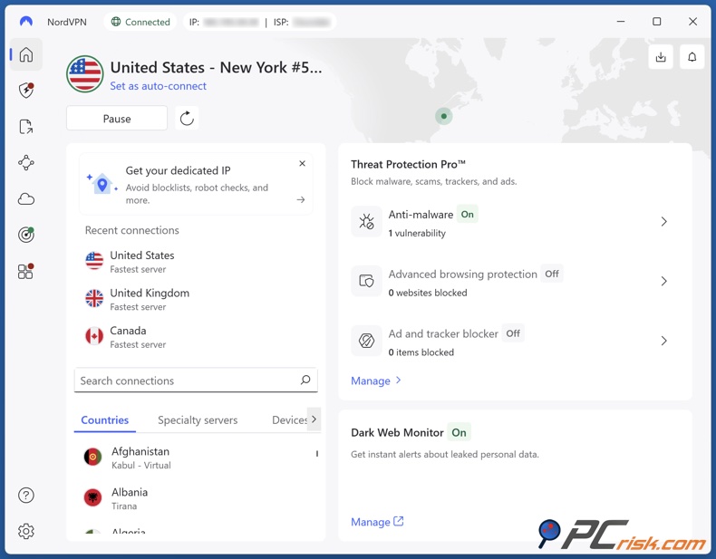 NordVPN ist mit einem US Server verbunden
