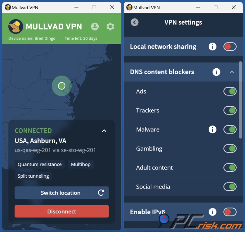 Mullvad VPN dashboard