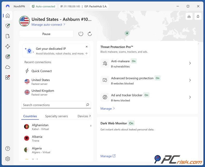 NordVPN dashboard