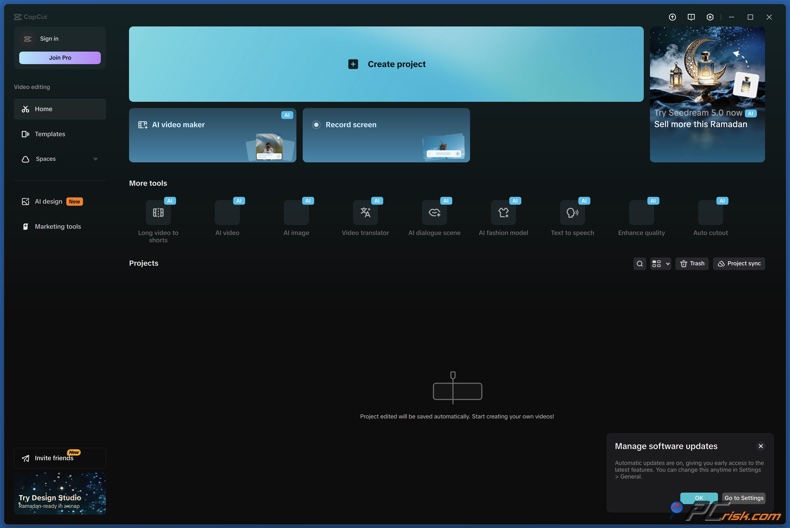 CapCut für Windows – Dashboard
